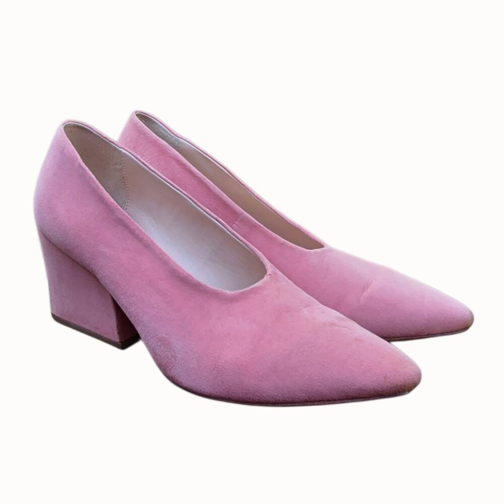 Loeffler Randall Pink Suede Pumps Size 7 Block Heel Leather Sole Pointed Toe